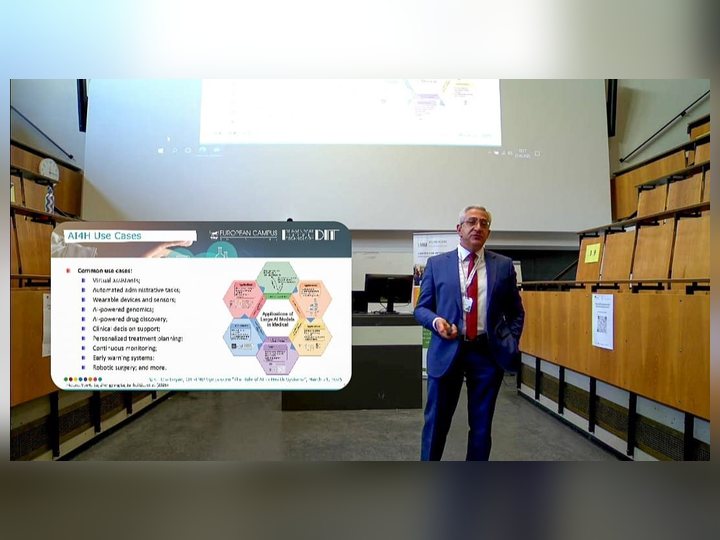 Prof. Georgi Chaltikyan presenting on AI and large language models in healthcare