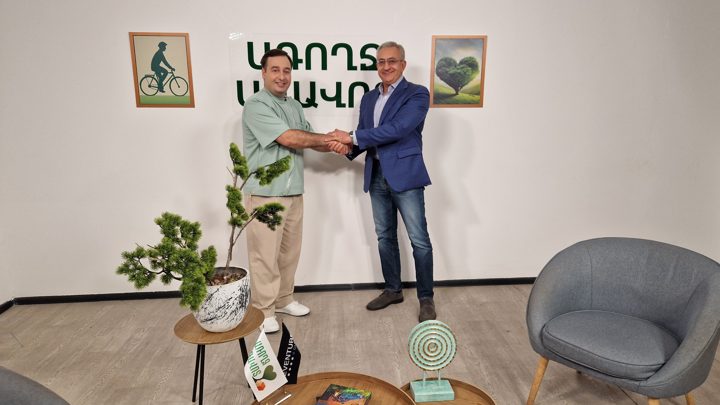 Prof. Georgi Chaltikyan greeting Dr. Avetis Avetisyan in the interview studio