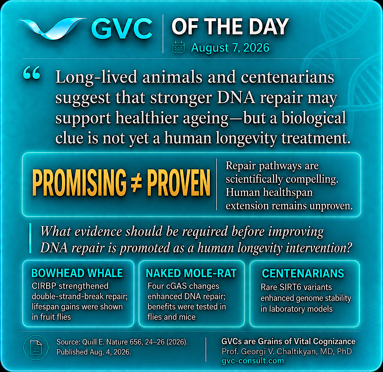 GVC of the Day, August 7, 2026: Long-lived animals and centenarians suggest that stronger DNA repair may support healthier ageing, but promising is not proven
