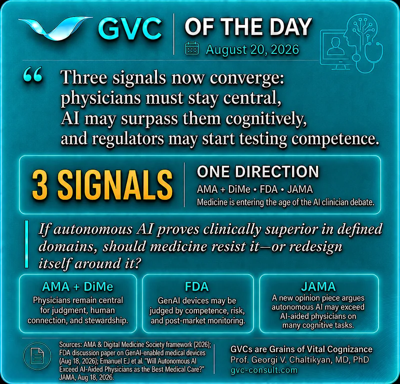 GVC of the Day, August 20, 2026: Three signals now converge around physicians, autonomous AI and competency-based regulation.