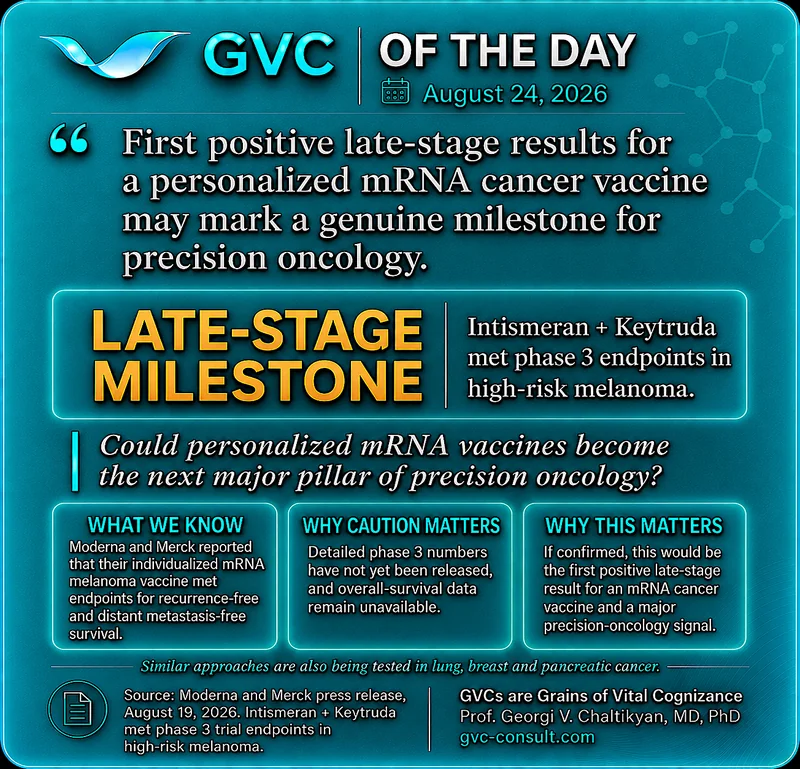 GVC of the Day, August 24, 2026: Personalized mRNA cancer vaccines reach a Phase 3 milestone.
