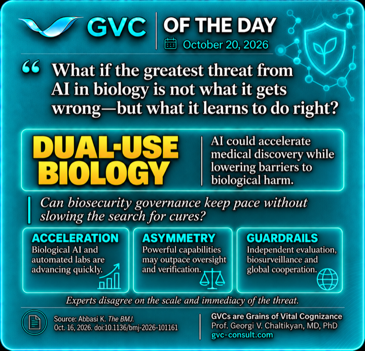 GVC of the Day, October 20, 2026: AI biology’s dual-use promise and biosecurity challenge.