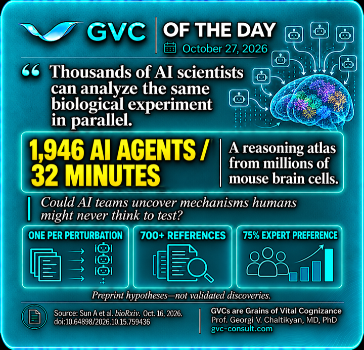 GVC of the Day, October 27, 2026: Thousands of AI agents analyze a mouse-brain experiment in parallel.