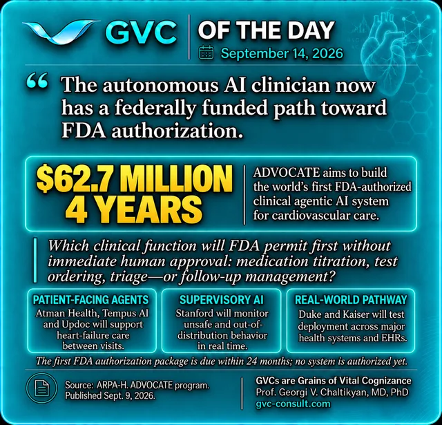 GVC of the Day, September 14, 2026: Autonomous clinical AI enters a federally funded regulatory pathway.