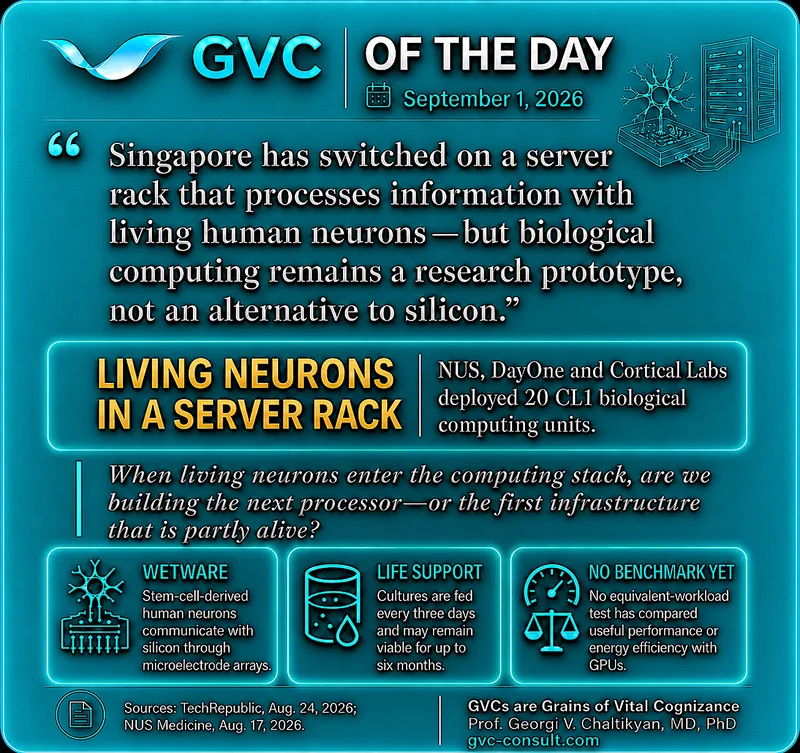 GVC of the Day, September 1, 2026: Living human neurons have entered a server-rack computing environment, but biological computing remains a research prototype.